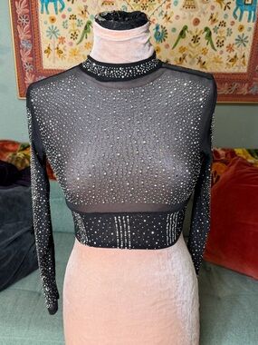 Black Sheer Long-Sleeve Rhinestone stretch Crop Top - Women S